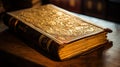 A vintage leatherbound book with yellowed pages and gold leaf details