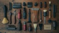 Vintage Leatherworking Tools and Accessories on Dark Wood Royalty Free Stock Photo