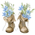 Vintage leathery Shoes with forest blue Flowers. Hand drawn watercolor illustration of hiking footwear and wild daisy on