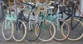 Vintage Lekker bicycles parked nicely in a row outside bike shop. Royalty Free Stock Photo