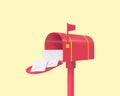 Vintage Letterbox, Post box, mail box 3d icon. Outdoor drop boxes, street postboxes, letterboxes. Red mailbox standing on stand.