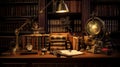 A vintage librarian\'s desk, adorned with a brass lamp and an open ledger.