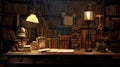 A vintage librarian\'s desk, adorned with a brass lamp and an open ledger.