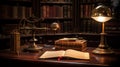 A vintage librarian\'s desk, adorned with a brass lamp and an open ledger
