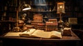 A vintage librarian\'s desk, adorned with a brass lamp and an open ledger.