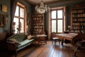 vintage library, with classic books and antique furniture, for a timeless setting