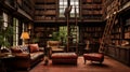A vintage library with leather armchairs and a rolling ladder