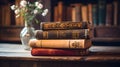 Vintage library, old books stacked on table