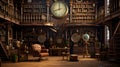 Vintage library, shelves with old books