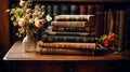 Vintage library, shelves with old books