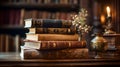 Vintage library, shelves with old books