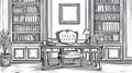 Vintage Library Office Sketch Desk, Chair, Bookshelves, Lamp, Art Frame Royalty Free Stock Photo
