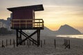 Vintage life guard post on the beach of Copacabana at sunrise