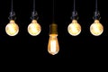 Vintage light bulb hanging over black background, Idea concept Royalty Free Stock Photo