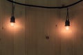 Vintage light bulbs hanging on wood wall Royalty Free Stock Photo