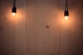 Vintage light bulbs hanging on wood wall Royalty Free Stock Photo