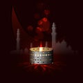 Vintage light candle on the moon and mosque red background. The Muslim holiday.