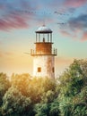 Vintage lighthouse at sunset in the Danube Delta Royalty Free Stock Photo