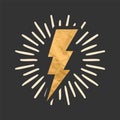 Vintage lightning bolt and sunrays. Lightnings with crumpled paper texture and sunburst effect. Thunderbolt, electric