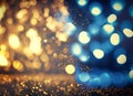 Vintage lights background Gold lights and blue glitter defocused. Generative AI Royalty Free Stock Photo