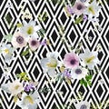 Vintage Lily and Anemone Flowers Geometric Background