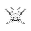 Vintage line art Japanese samurai mask with crossed katana weapons Royalty Free Stock Photo