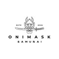 Vintage line art Japanese samurai mask with katana weapons Royalty Free Stock Photo