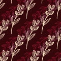 Vintage line art leaf seamless pattern on dark red background. Hand drawn floral botanical wallpaper. Retro backdrop for fabric Royalty Free Stock Photo