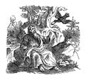 Vintage Drawing of Biblical Prophet Elijah Fed by Ravens. Old Man and Raven. Bible, Old Testament, 1 Kings 17