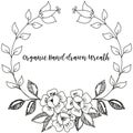 Vintage line drawn monochrome flower wreath.