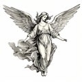 Vintage Line Engraving Of Angel In Detailed Shading Illustration