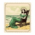 Vintage Line Engraving Of The Great Stamp Bikini Beach