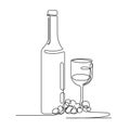 Vintage linear design template with one line botle of wine, glass and grape for decoration design.