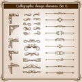 Vintage linear vector ornate decorative elements. Retro flourish line dividers, corners and swirls for page decoration