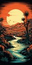 Vintage Linocut Style Desert Oasis At Sunset