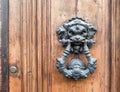 A vintage lion head knocker on natural wood door frame close up.