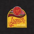 Vintage liquor label badge. Strong Alcohol logo with calligraphic element. Frame for poster banner. Emblem sticker Hand