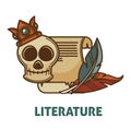 Vintage ancient literature and poetry book with skull vector isolated icon for poetry literature or bookstore library Royalty Free Stock Photo