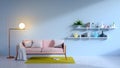 Vintage living room interior ,blue room and pink sofa .3d render