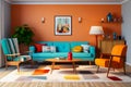 Vintage living room interior design with blue sofa odd armchairs and a coffee table retro style sitting room Generative AI Royalty Free Stock Photo