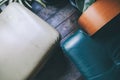 Vintage living room interior with green and cream leather texture sofa with wooden armchair. Royalty Free Stock Photo