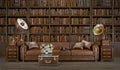 Vintage living room.Leather sofa and library with old phone,old recorder,old brass horn gramophone. Royalty Free Stock Photo