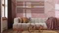 Vintage living room in red and beige tones, rattan furniture, parquet floor and wallpaper. Farmhouse interior design Royalty Free Stock Photo