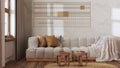 Vintage living room in white and beige tones, rattan furniture, parquet floor and wallpaper. Farmhouse interior design Royalty Free Stock Photo