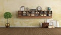 Vintage living with wooden bookcase