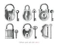 Vintage lock and key collection hand draw engraving style black and white clipart isolated on white background Royalty Free Stock Photo