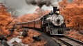 Vintage locomotive pulling train through autumn-colored forest, old steam train in fall scenery Royalty Free Stock Photo