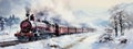 Vintage locomotive in snow forest. Watercolor Illustration. Banner. Christmas and New year concept Royalty Free Stock Photo