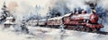 Vintage locomotive in snow forest. Watercolor Illustration. Banner. Christmas and New year concept Royalty Free Stock Photo