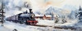 Vintage locomotive in snow landscape. Watercolor Illustration. Banner. Christmas and winter concept Royalty Free Stock Photo